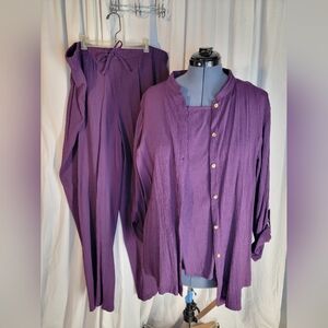 Islander Deep Purple Crepe Tank/Shirt/Pant Set